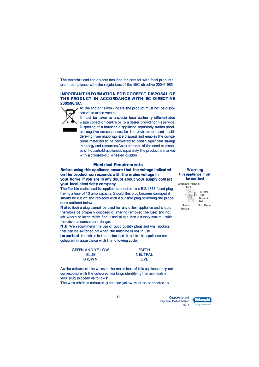 DeLonghi EC11 manual Electrical Requirements 