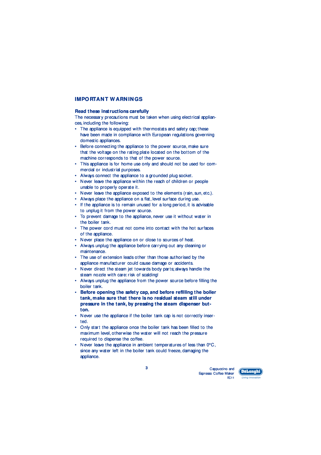 DeLonghi EC11 manual Important Warnings, Read these instructions carefully 