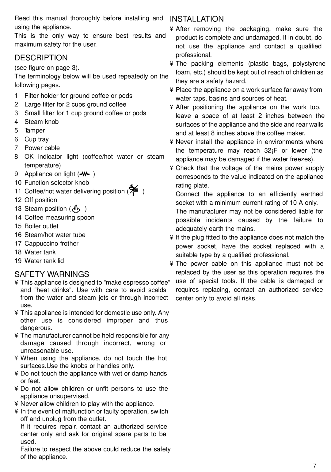 DeLonghi EC155 manual Description, Safety Warnings, Installation 