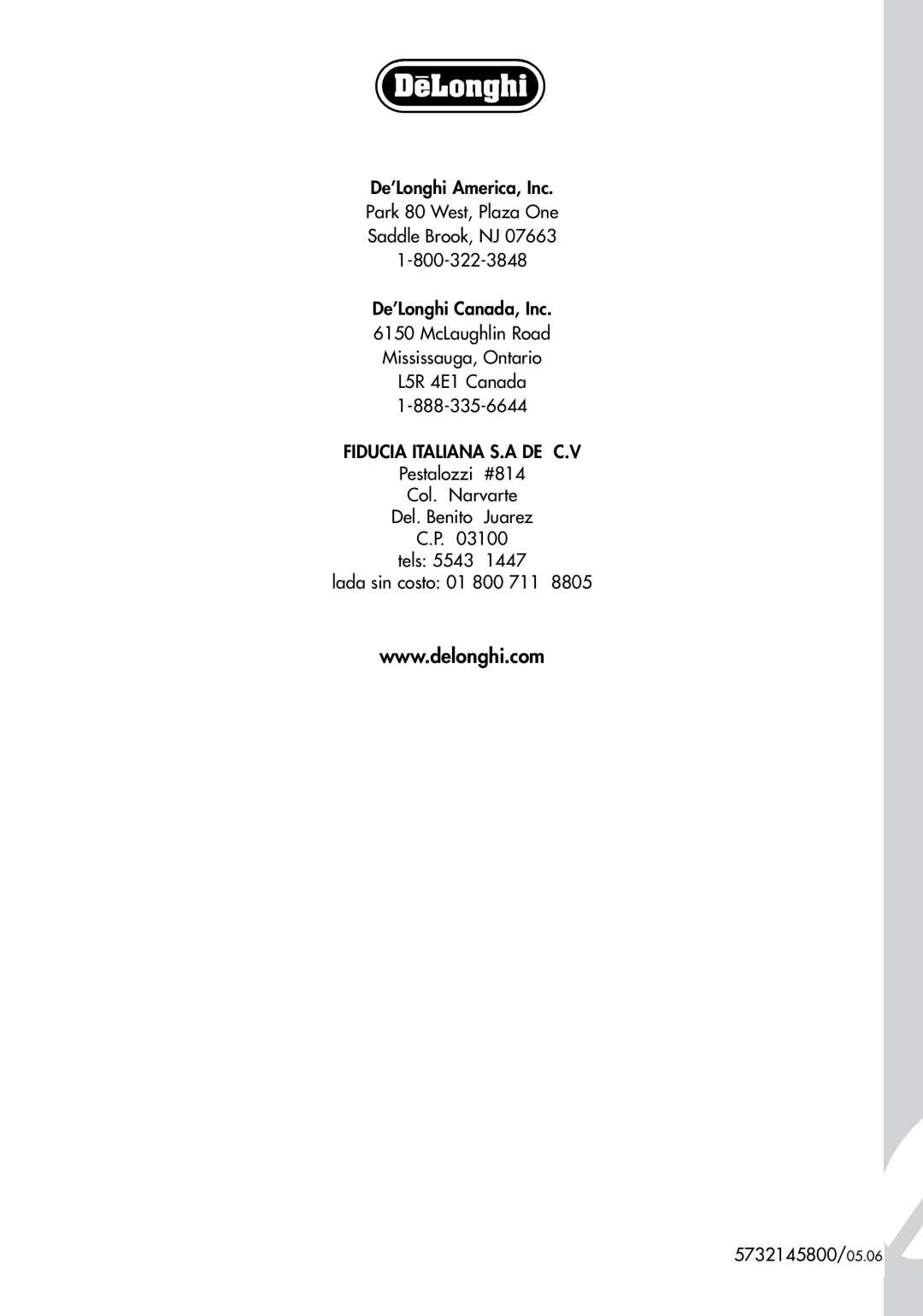 DeLonghi EC155 manual De’Longhi America, Inc Park 80 West, Plaza One, De’Longhi Canada, Inc, Fiducia Italiana S.A De C.V 