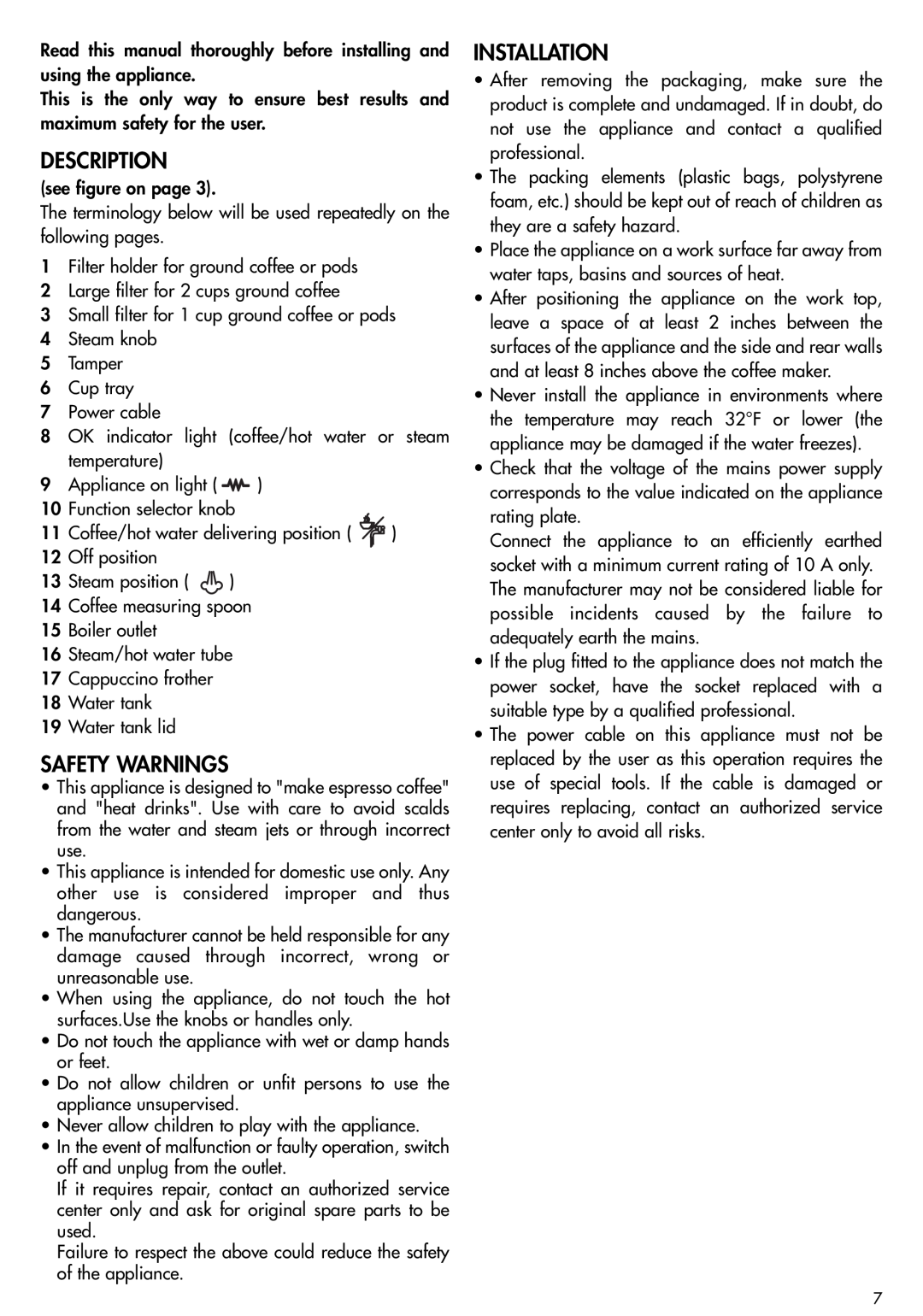 DeLonghi EC155 manual Description, Safety Warnings, Installation 