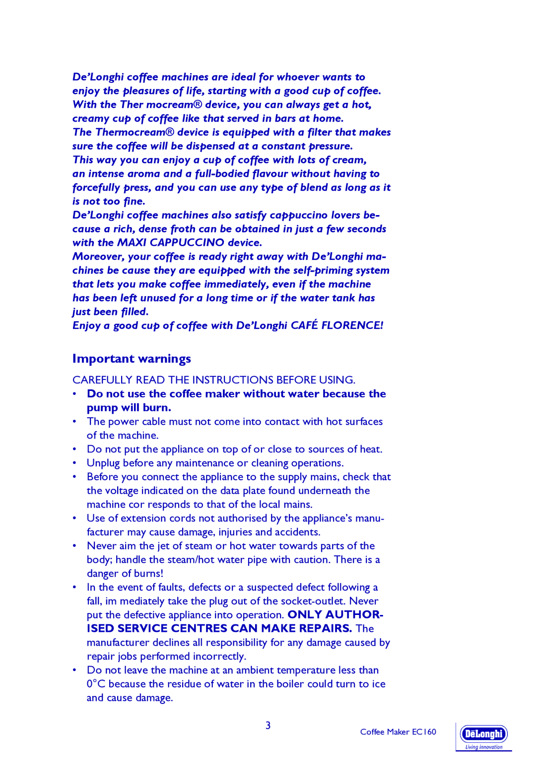 DeLonghi EC160 manual Important warnings 