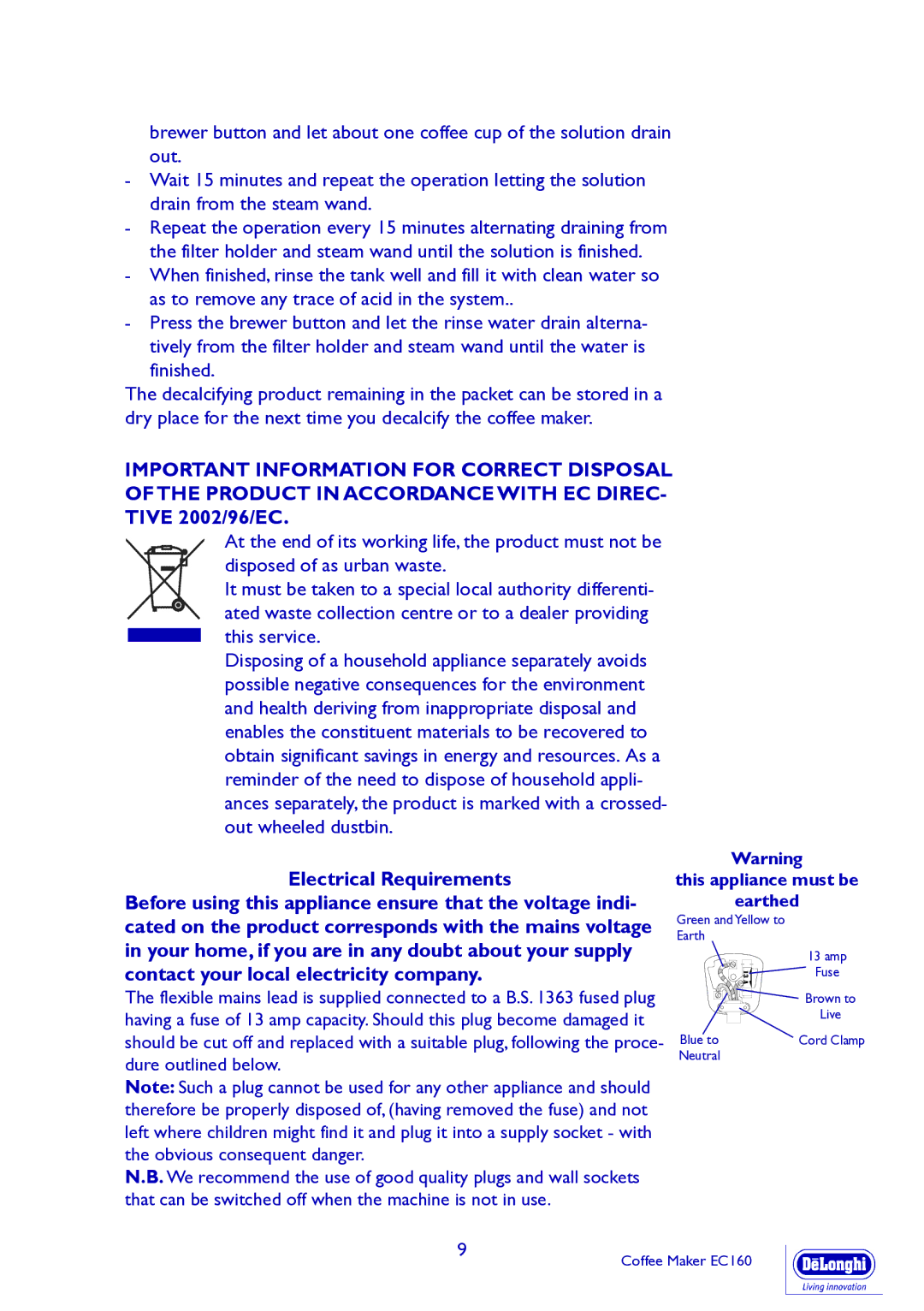 DeLonghi EC160 manual Finished, This appliance must be Earthed 