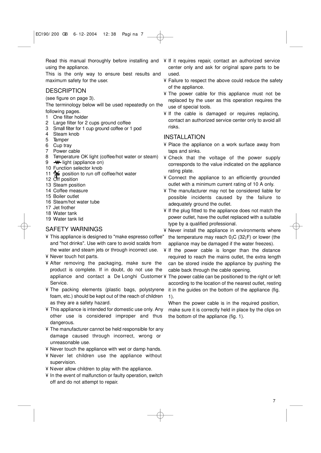 DeLonghi EC190 200 GB manual Description, Safety Warnings, Installation 