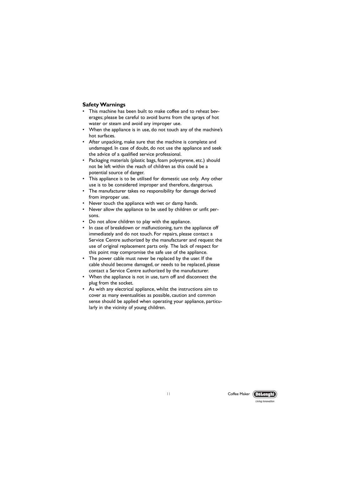 DeLonghi EC190 manual Safety Warnings 