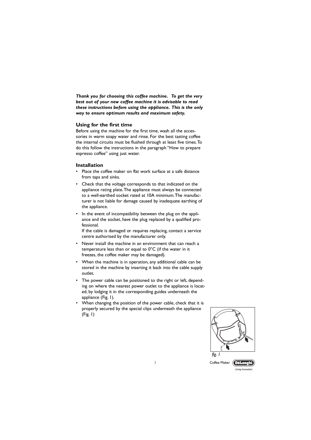 DeLonghi EC190 manual Using for the first time, Installation 