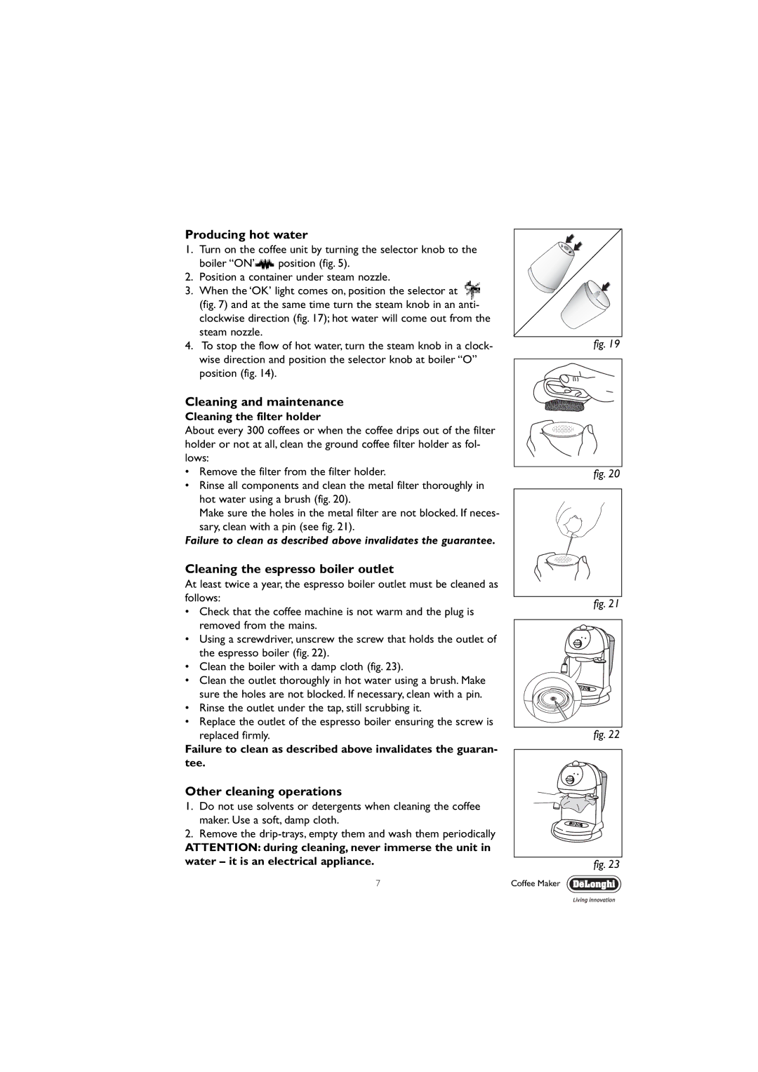 DeLonghi EC190 manual Producing hot water, Cleaning and maintenance, Cleaning the espresso boiler outlet 