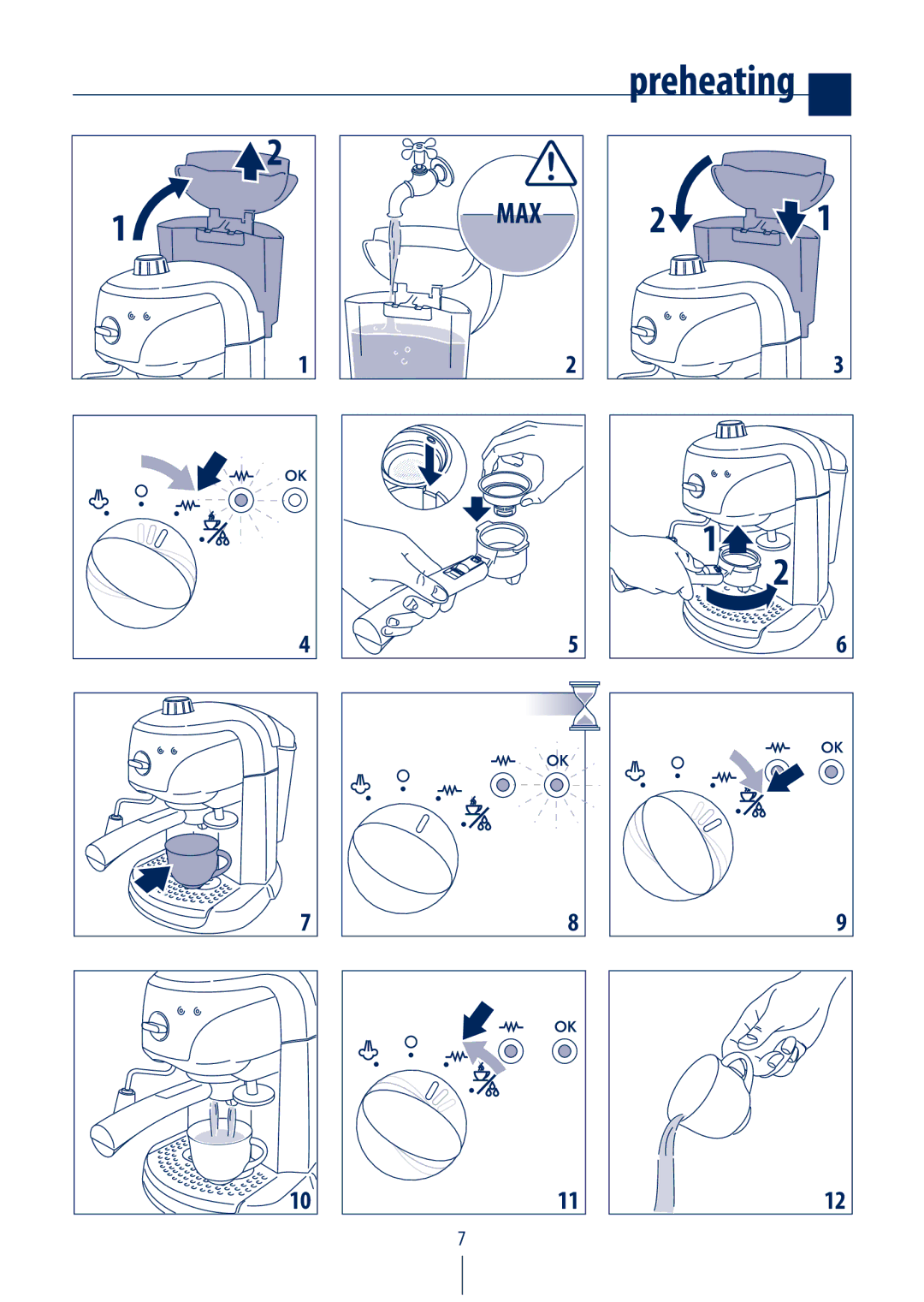 DeLonghi EC220 CD manual Preheating 