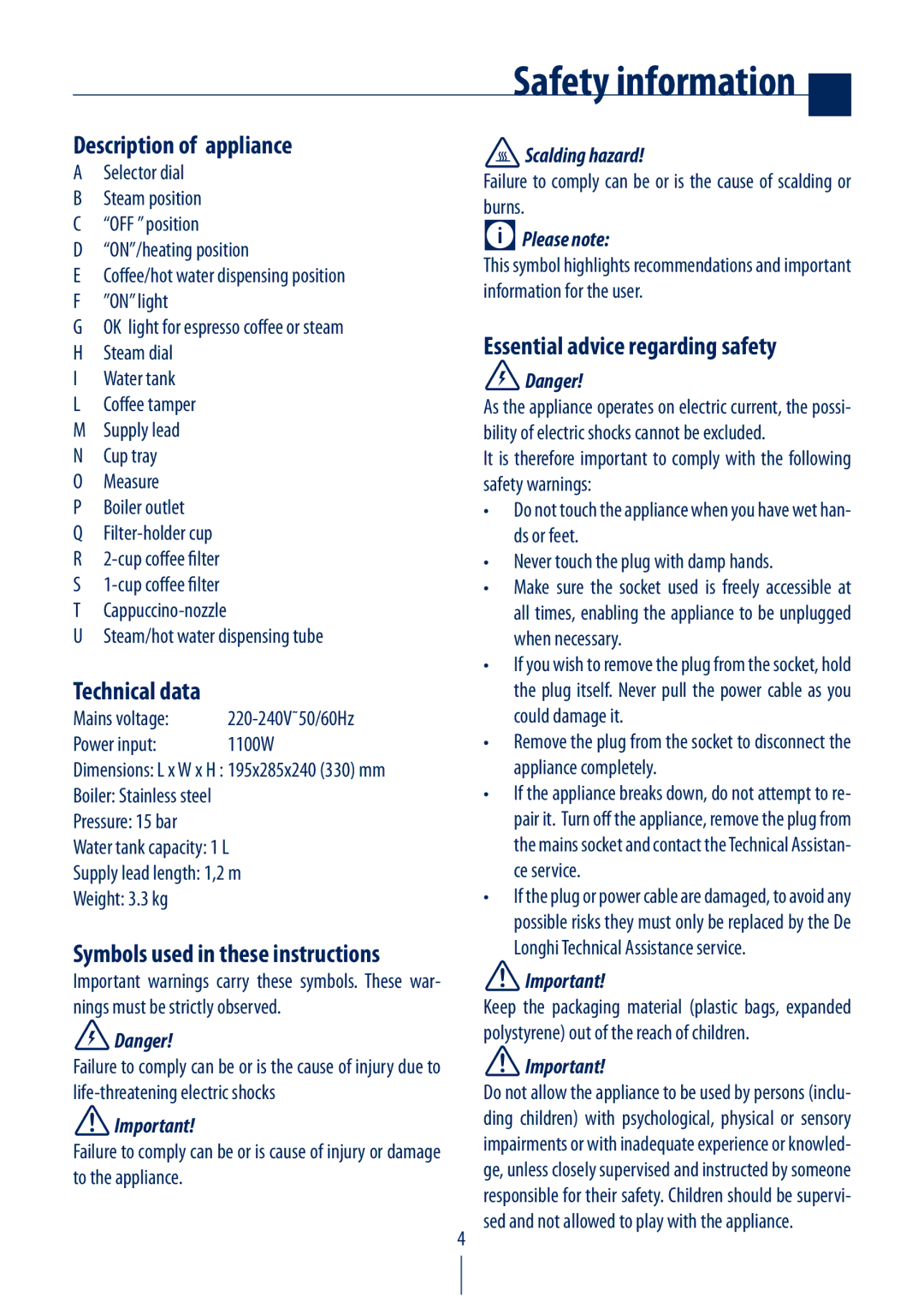 DeLonghi EC220 CD manual Safety information 