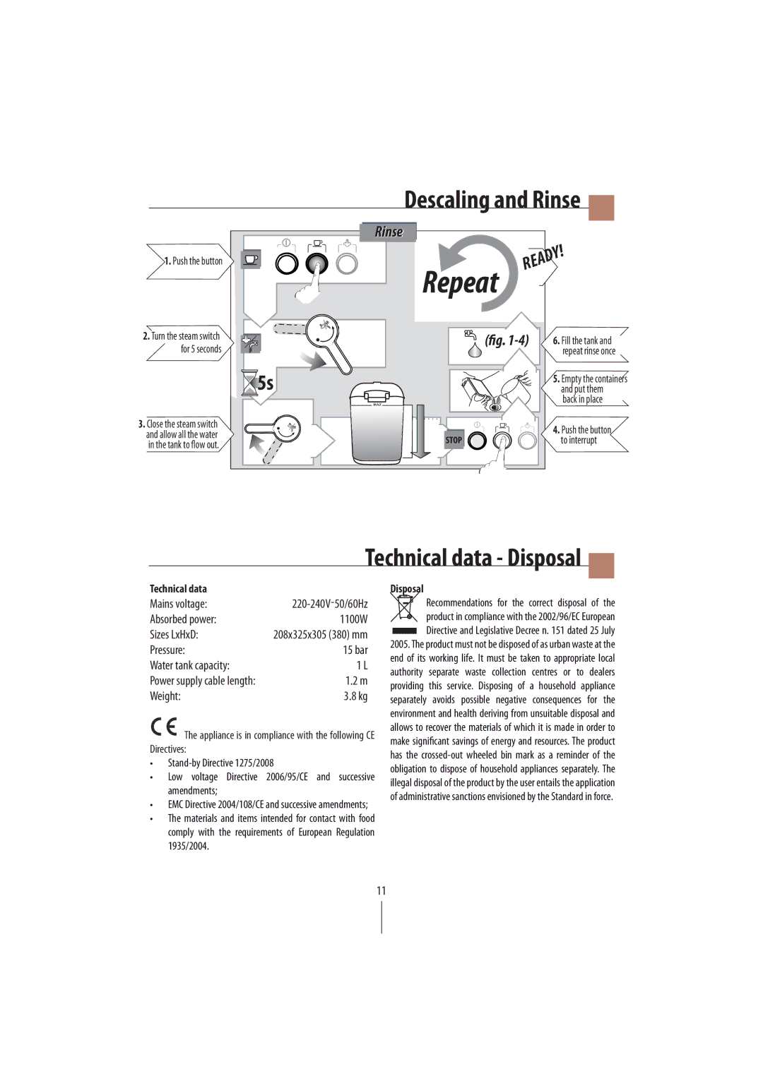 DeLonghi EC250 manual Technical data Disposal, Appliance is in compliance with the following CE Directives 