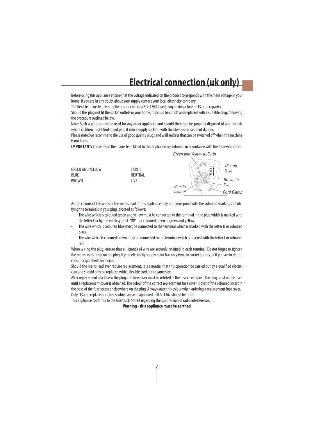 DeLonghi EC250 manual Electrical connection uk only, Red 