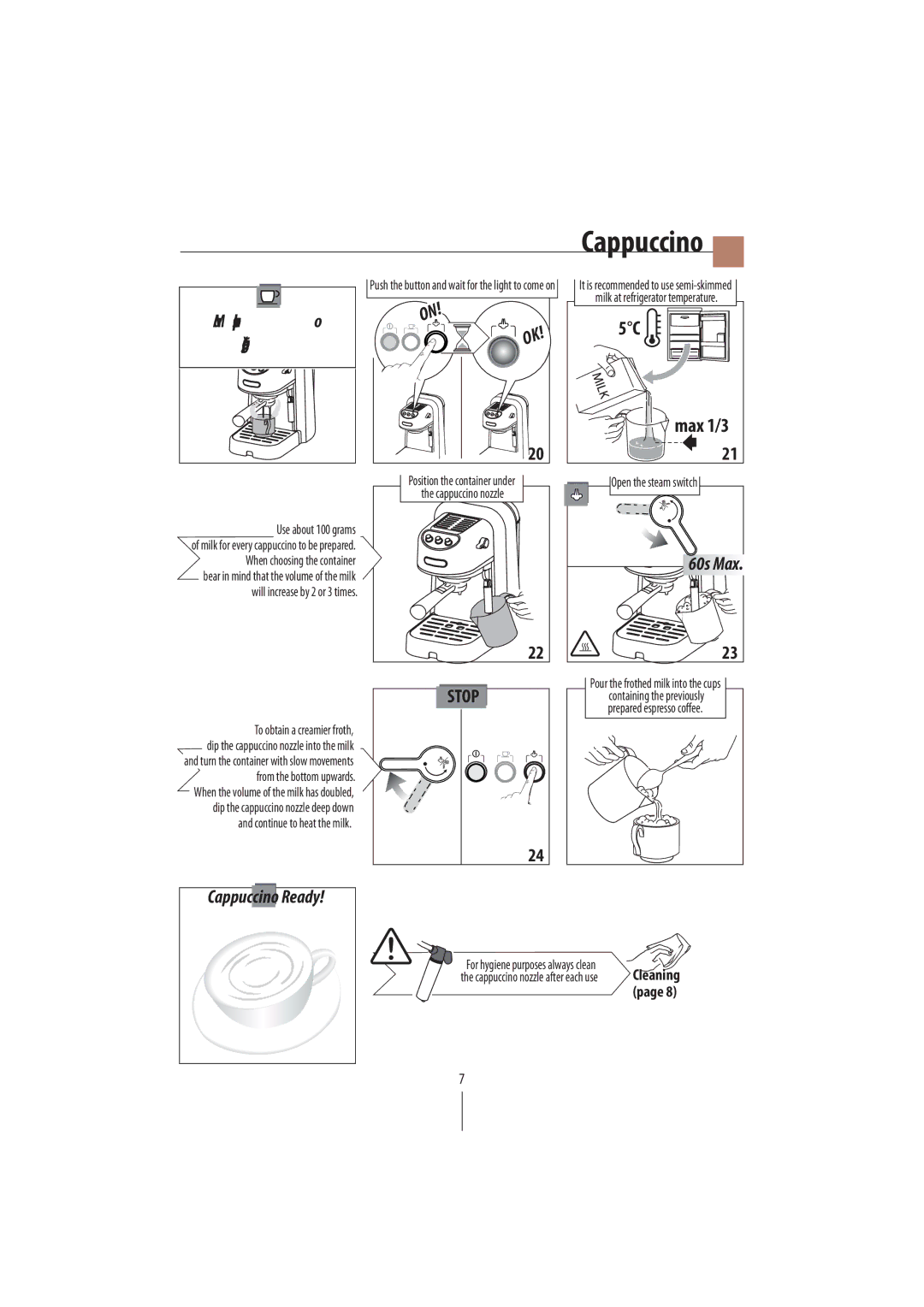 DeLonghi EC250 manual Cappuccino, Page6, 60s Max 