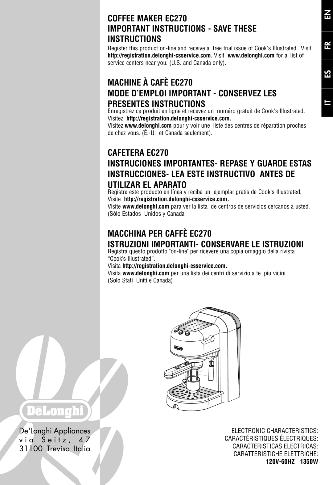 DeLonghi manual Macchina PER Caffè EC270 