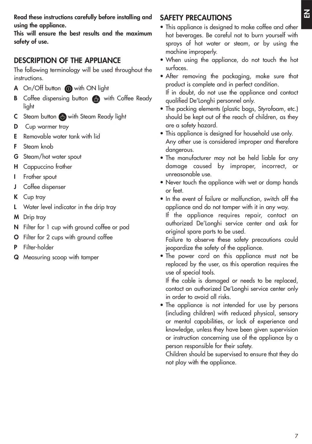 DeLonghi EC270 manual Description of the Appliance, Safety Precautions 