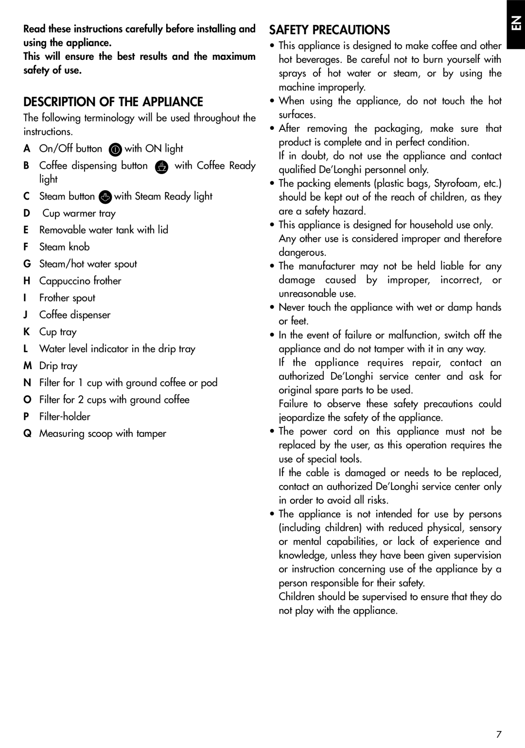 DeLonghi EC270 manual Description Of The Appliance, Safety Precautions 
