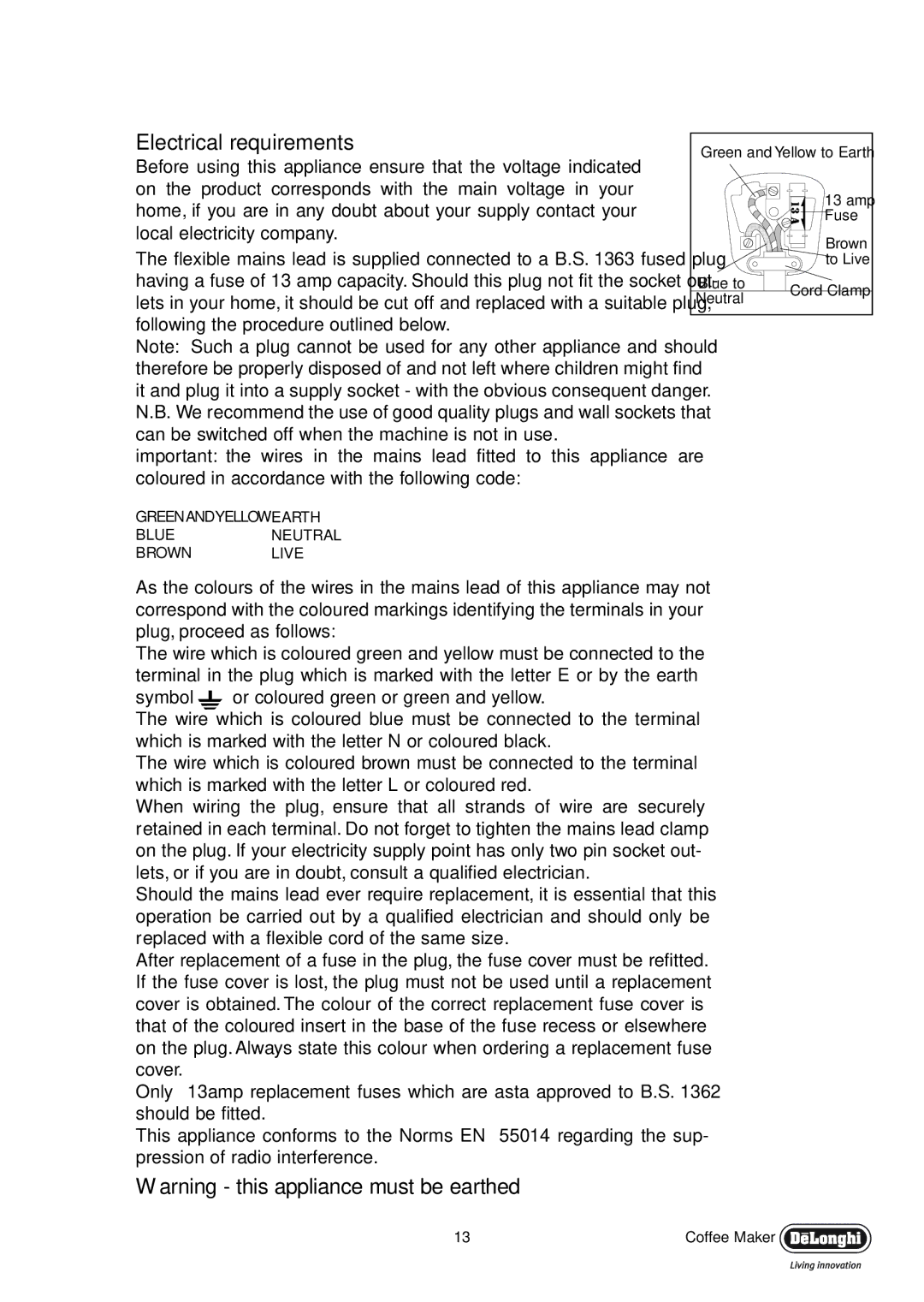 DeLonghi EC330 manual Electrical requirements 