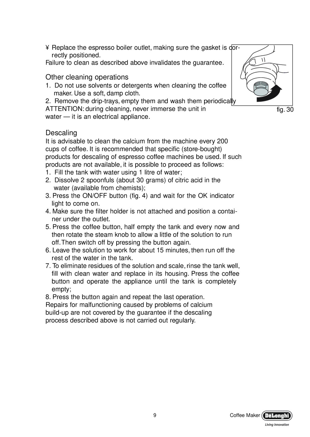 DeLonghi EC330 manual Other cleaning operations, Descaling 