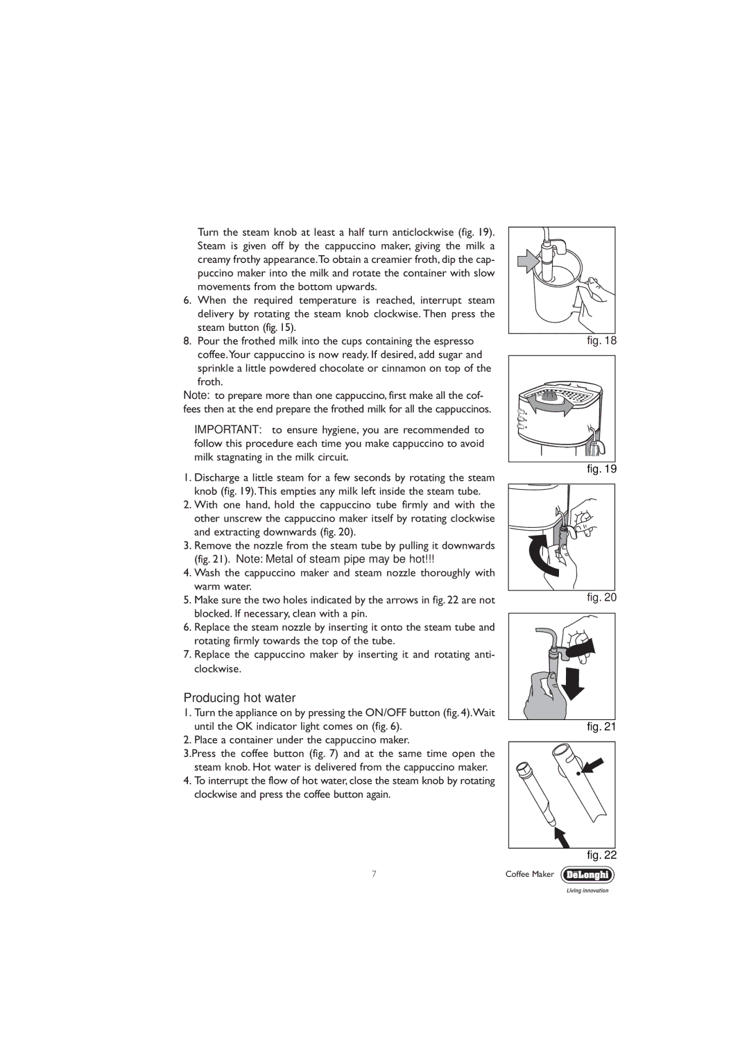 DeLonghi EC330 manual Producing hot water 