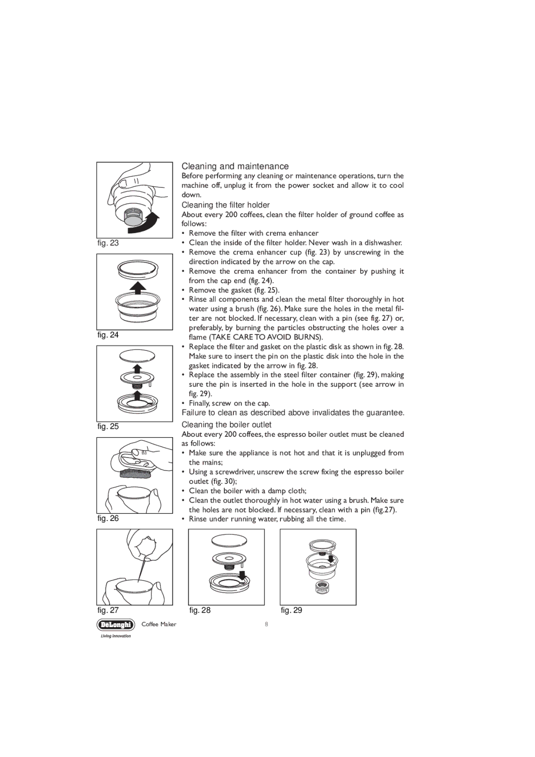 DeLonghi EC330 manual Cleaning and maintenance, Cleaning the filter holder 