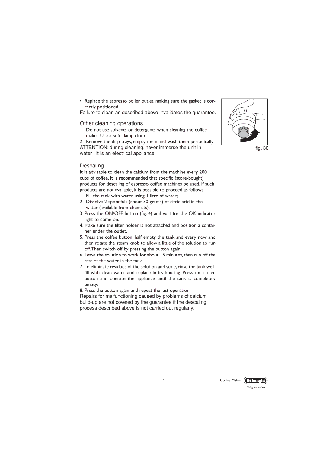 DeLonghi EC330 manual Other cleaning operations, Descaling 
