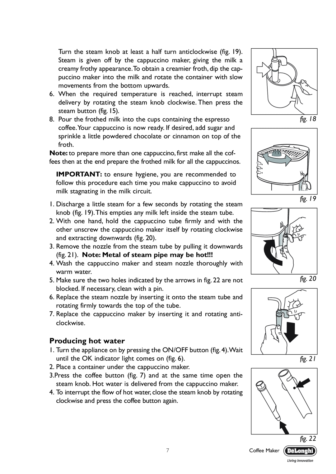 DeLonghi EC330 manual Producing hot water 