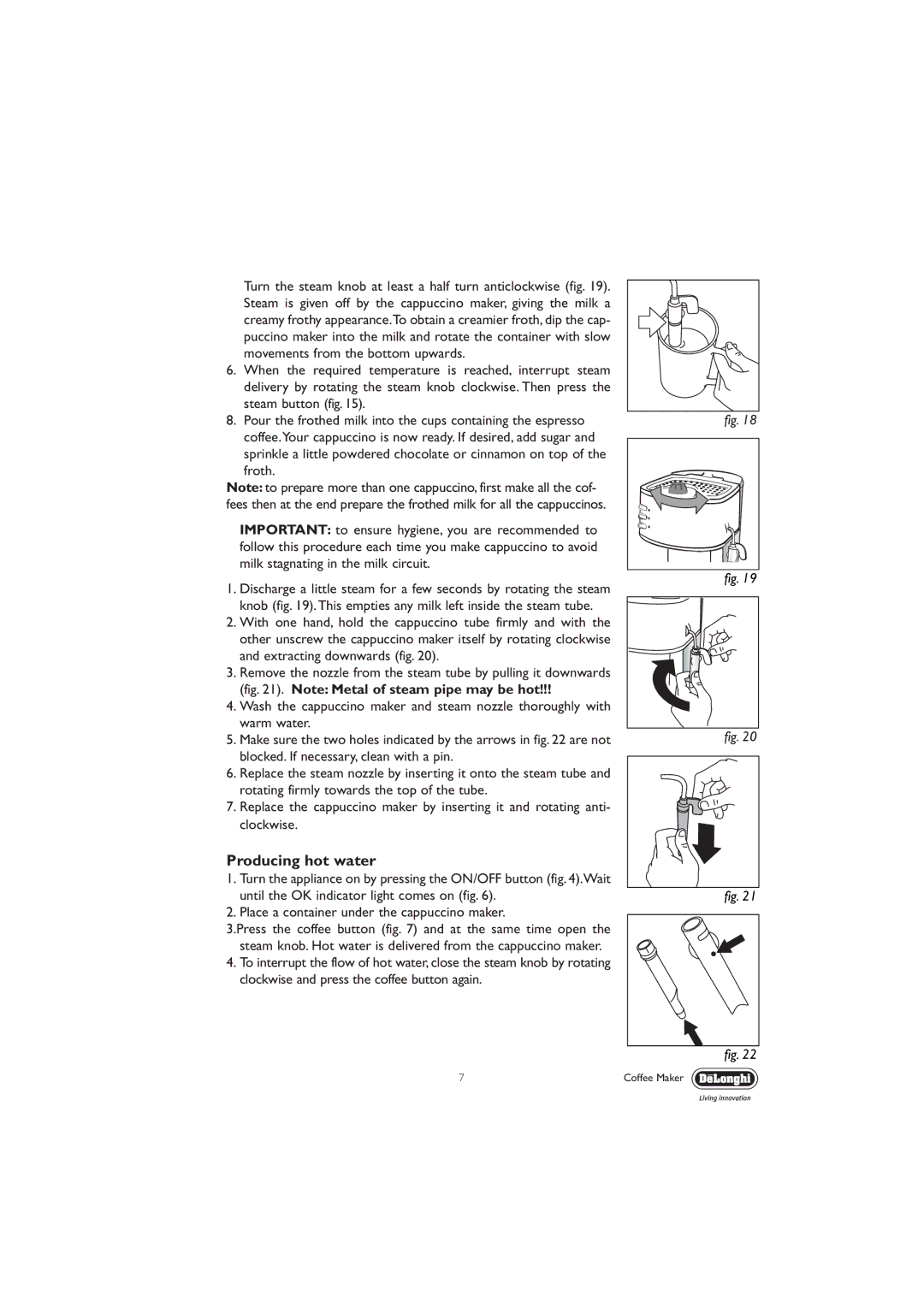 DeLonghi EC330S manual Producing hot water 