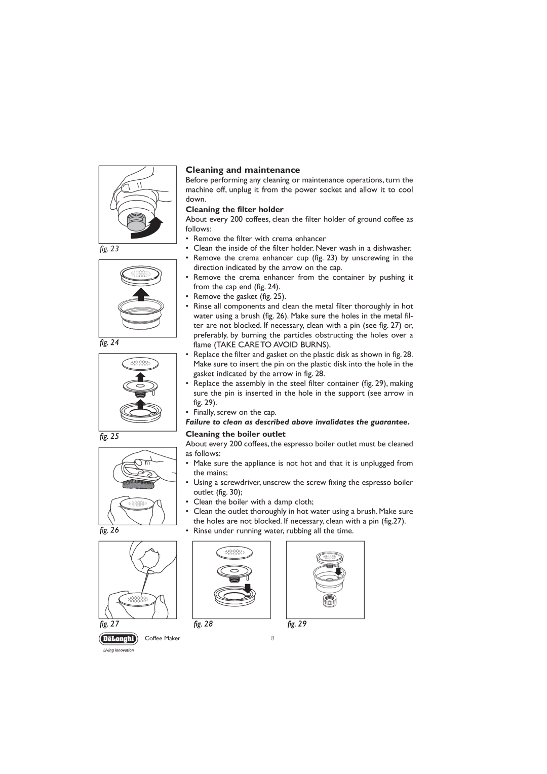 DeLonghi EC330S manual Cleaning and maintenance, Cleaning the filter holder 