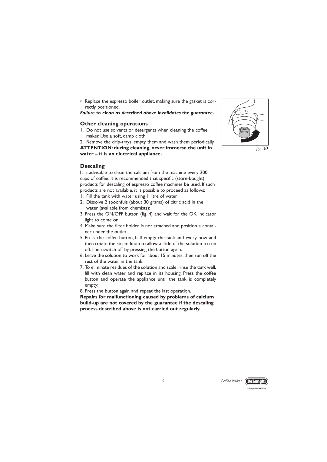 DeLonghi EC330S manual Other cleaning operations, Descaling 