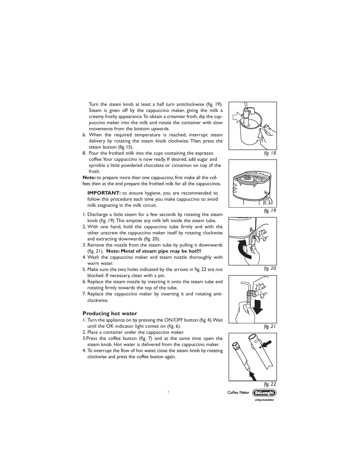 DeLonghi EC330S manual Producing hot water 