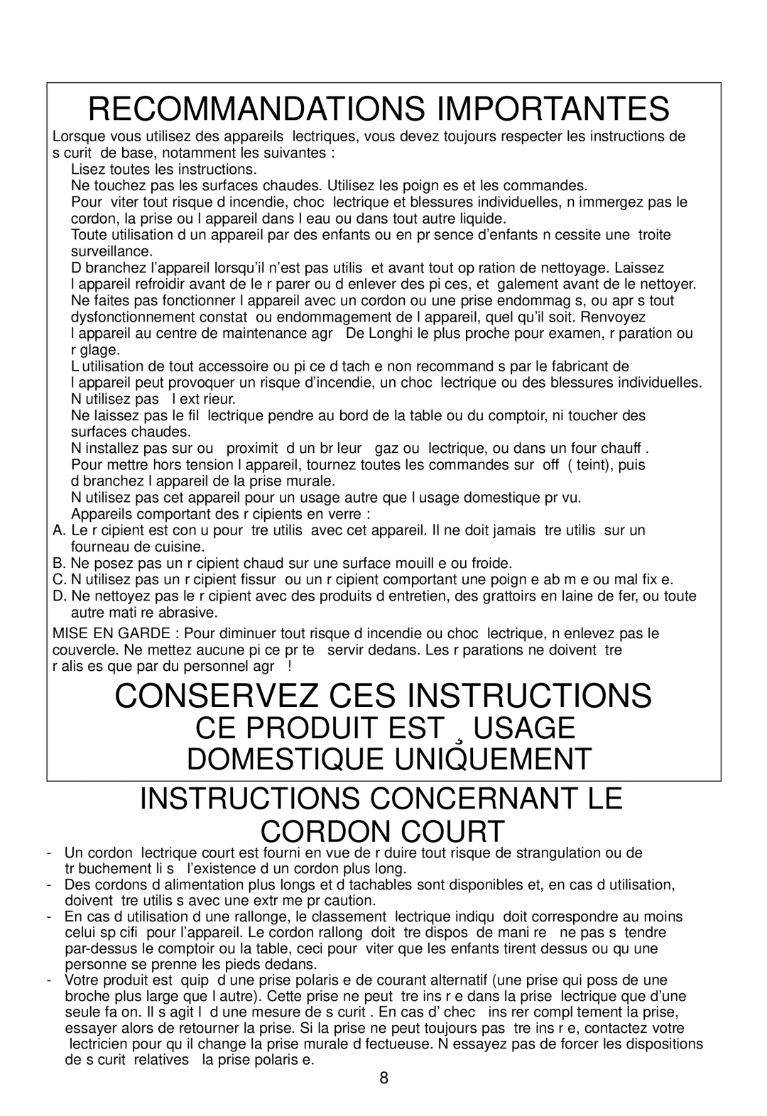 DeLonghi EC460 instruction manual Recommandations Importantes 