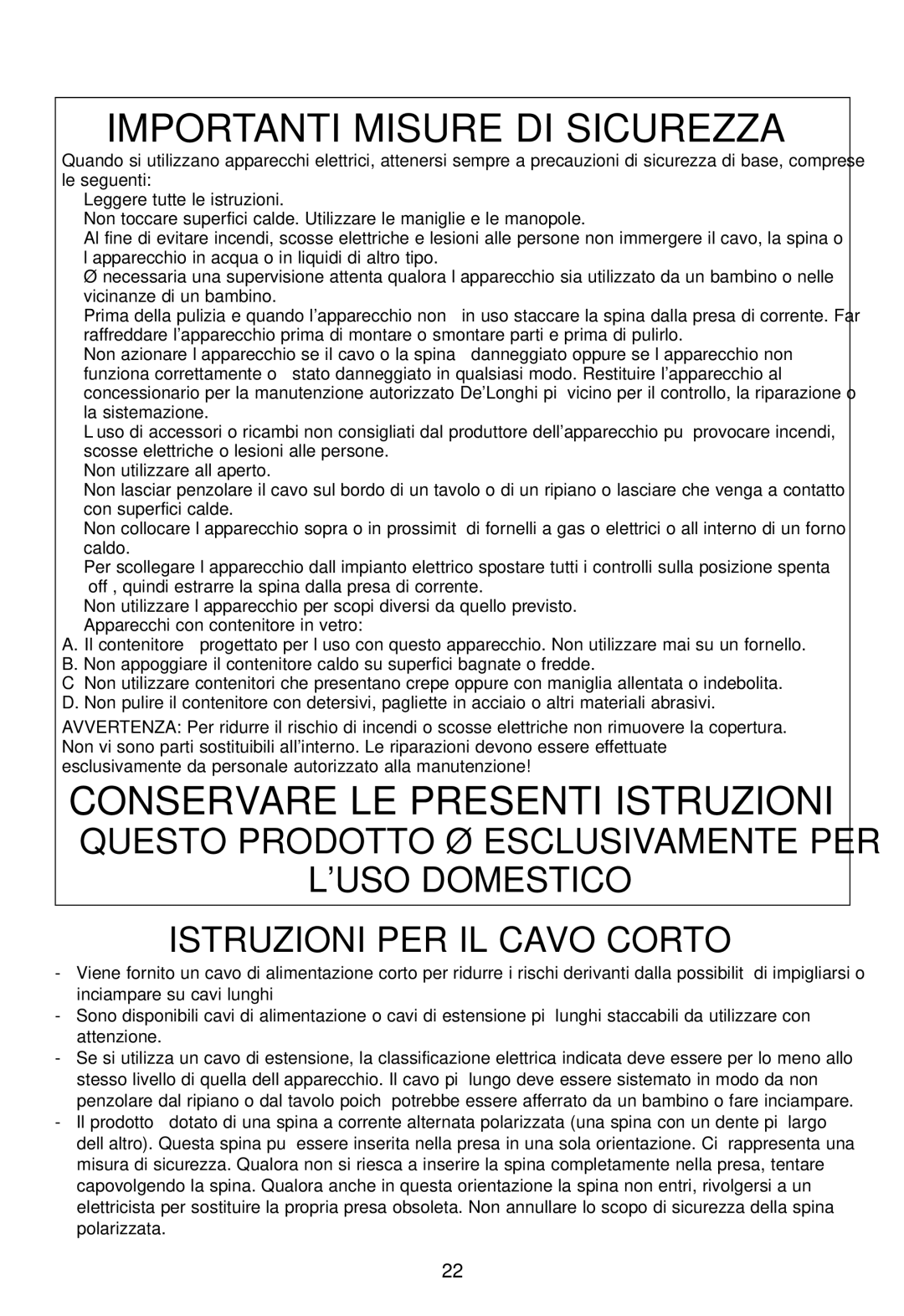 DeLonghi EC460 instruction manual Importanti Misure DI Sicurezza 