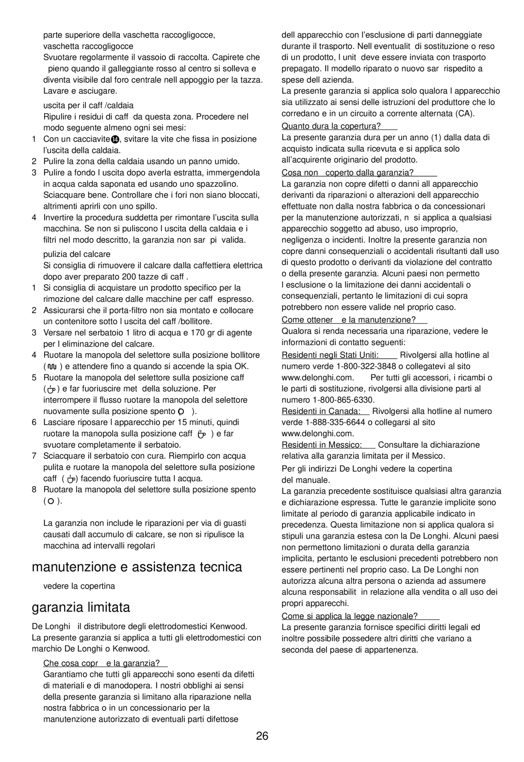 DeLonghi EC460 instruction manual Manutenzione e assistenza tecnica, Garanzia limitata 