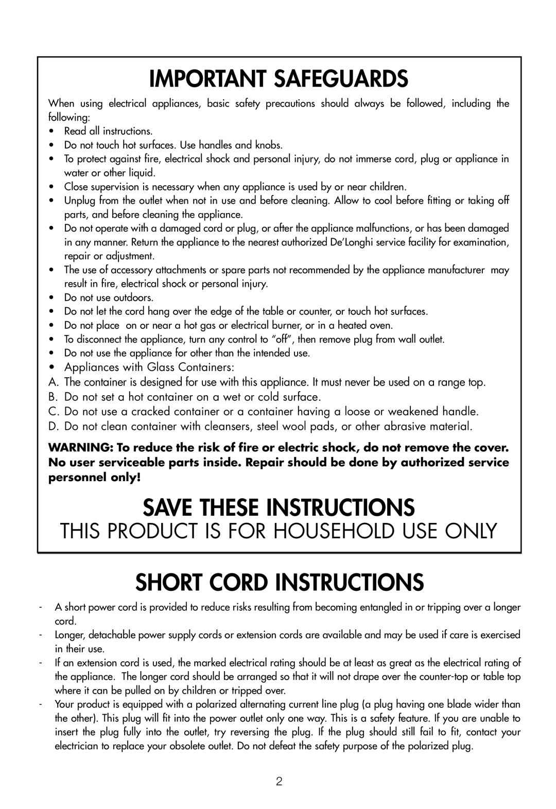 DeLonghi EC460 instruction manual Important Safeguards, Save These Instructions, Short Cord Instructions 