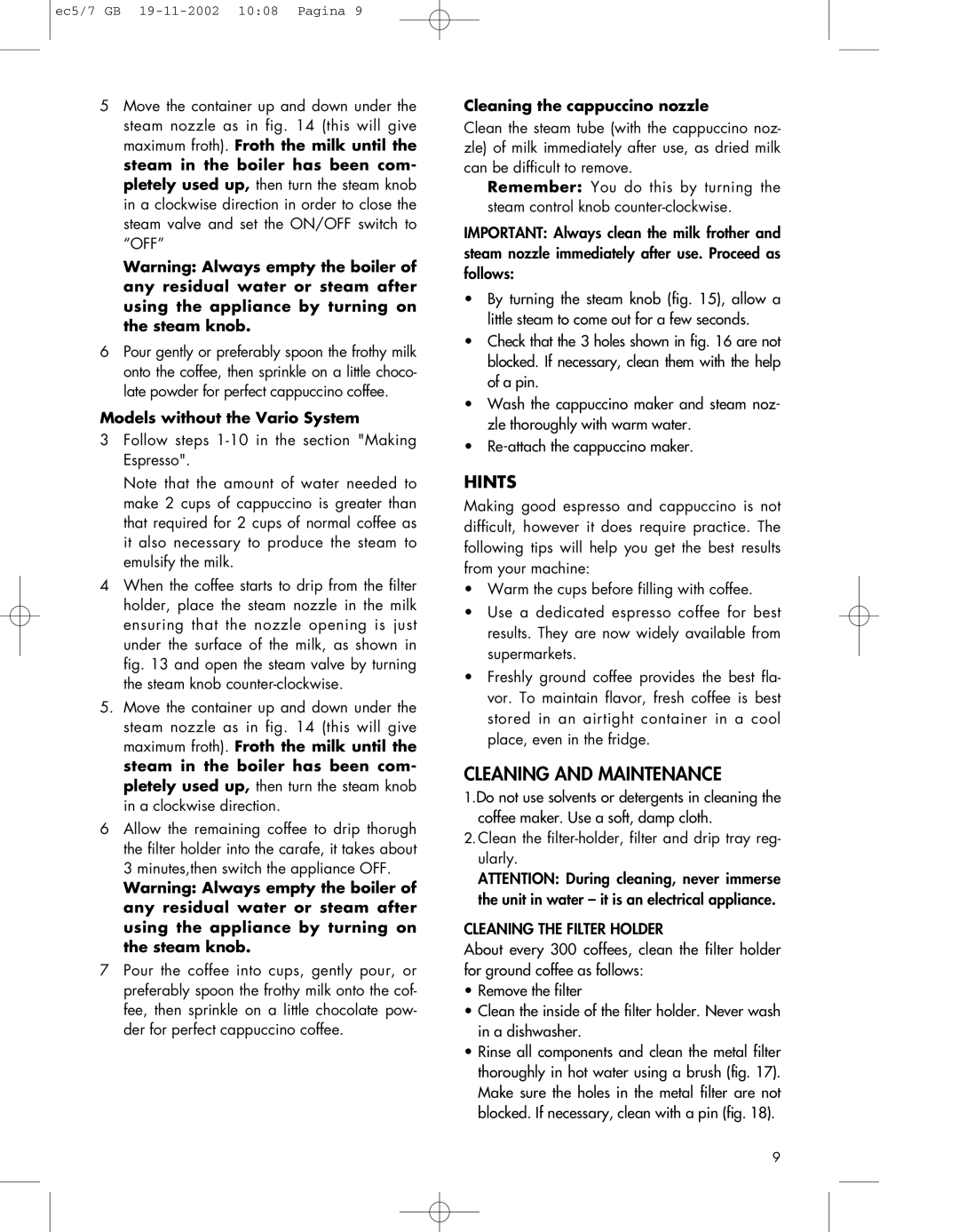 DeLonghi EC 5-7, EC5 manual Hints, Models without the Vario System 