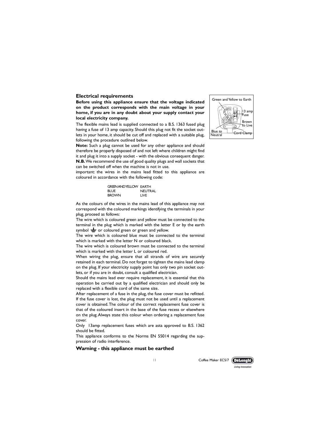 DeLonghi EC7, EC5 manual Electrical requirements 