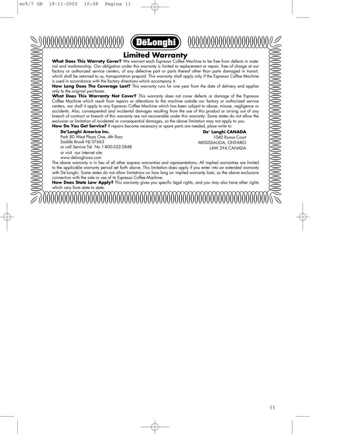 DeLonghi EC5, EC7 manual Limited Warranty, ec5/7 GB 19-11-200210 08 Pagina, De’Longhi America Inc, De’ Longhi CANADA 