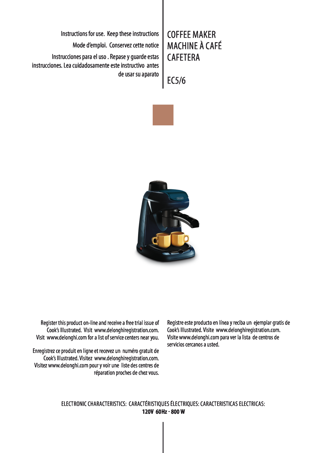 DeLonghi EC5/6 manual coffee maker Machine à café cafetera, 120V 60Hz - 800 W ˜ 