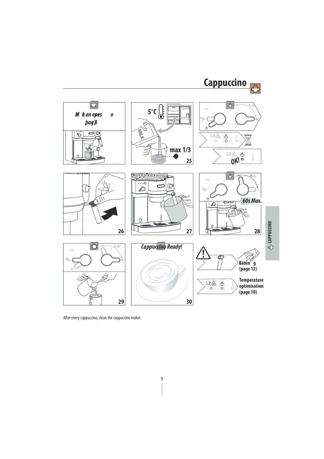 DeLonghi EC820 manual Cappuccino, After every cappuccino, clean the cappuccino maker 