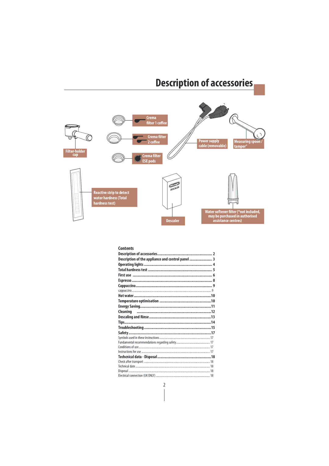 DeLonghi EC820 manual Description of accessories, Contents 