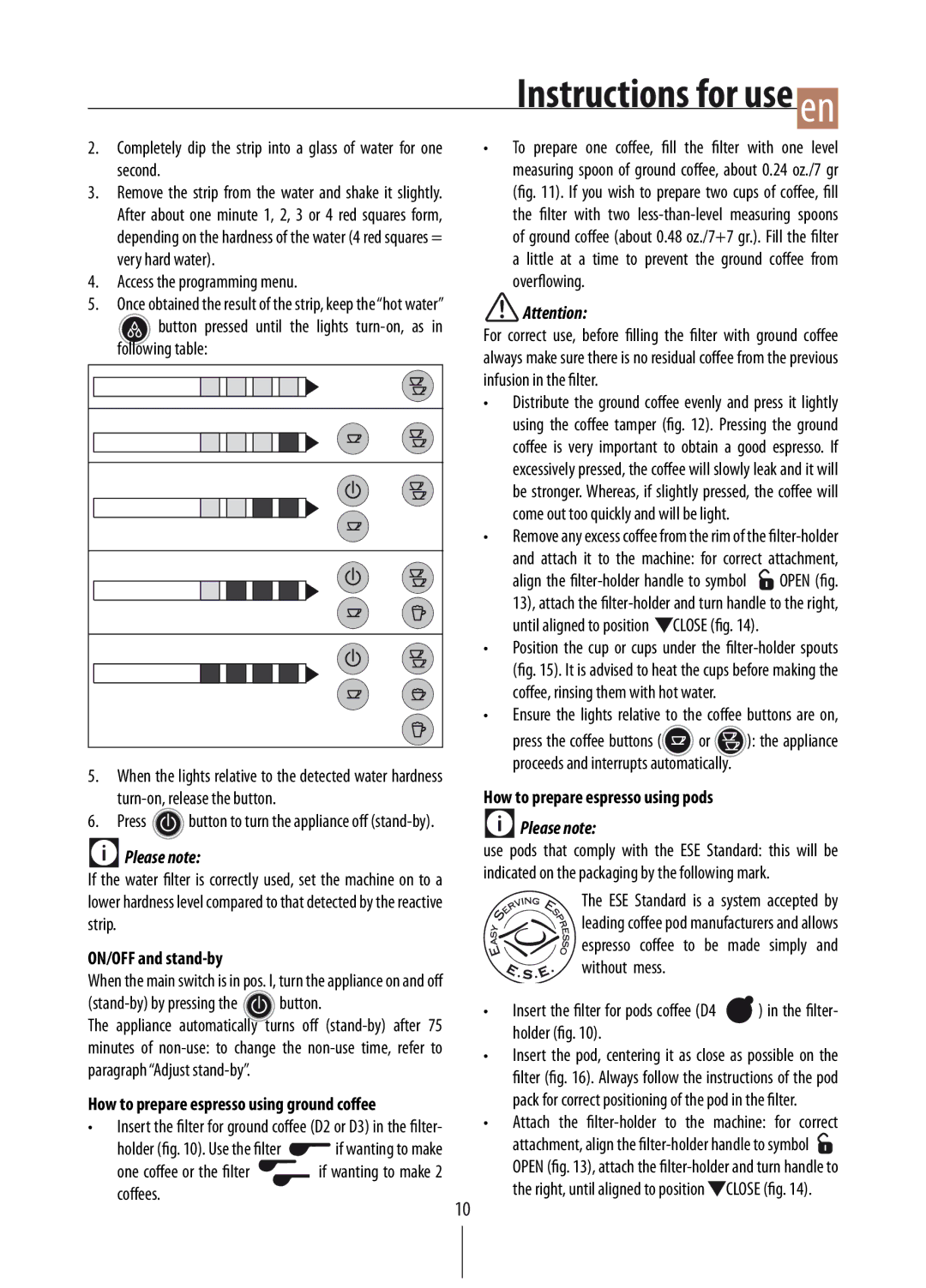 DeLonghi EC860 manual ON/OFF and stand-by, How to prepare espresso using pods 