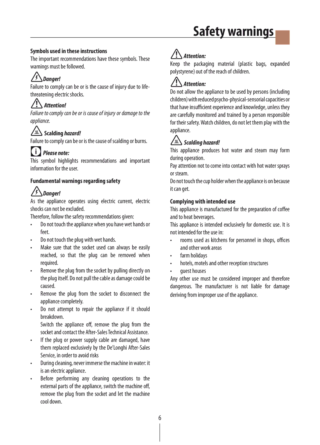 DeLonghi EC860 manual Symbols used in these instructions, Scalding hazard, Fundamental warnings regarding safety 