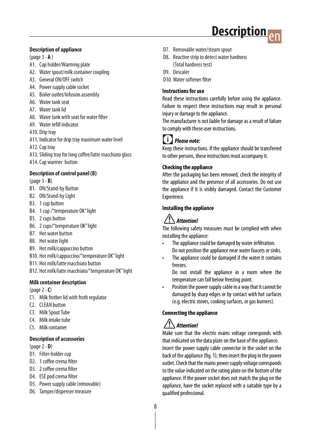 DeLonghi EC860 manual Description of control panel B page 3 B, Instructions for use, Checking the appliance 