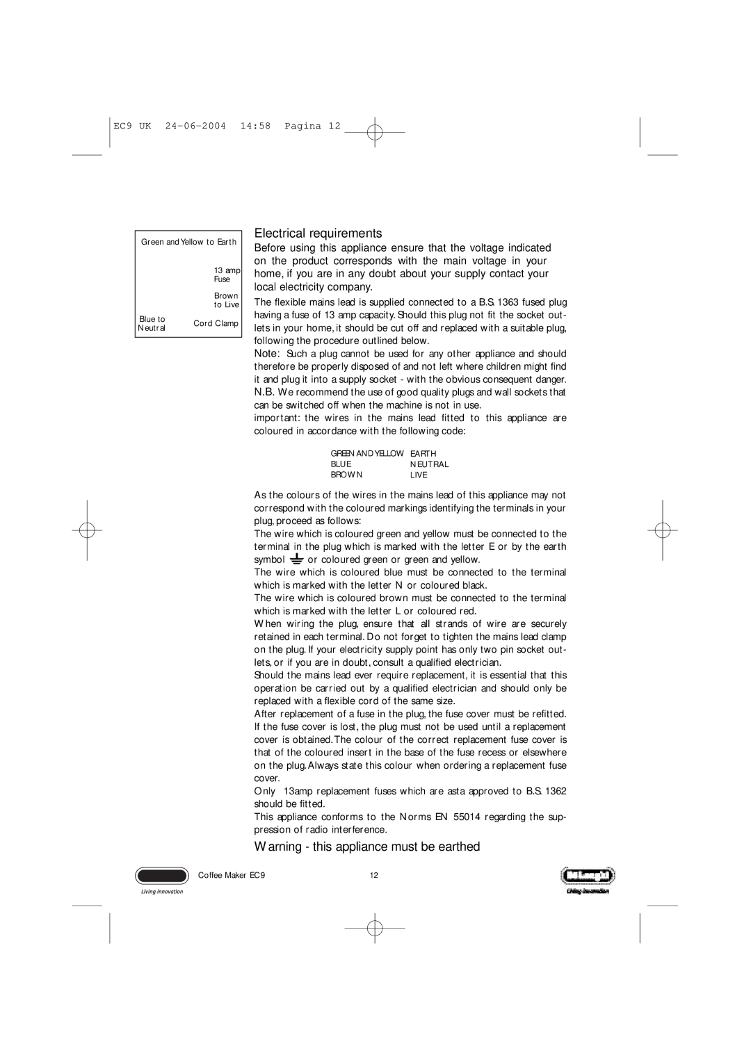 DeLonghi EC9 UK manual Electrical requirements 