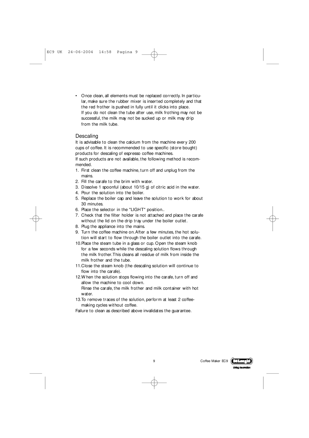 DeLonghi EC9 UK manual Descaling 