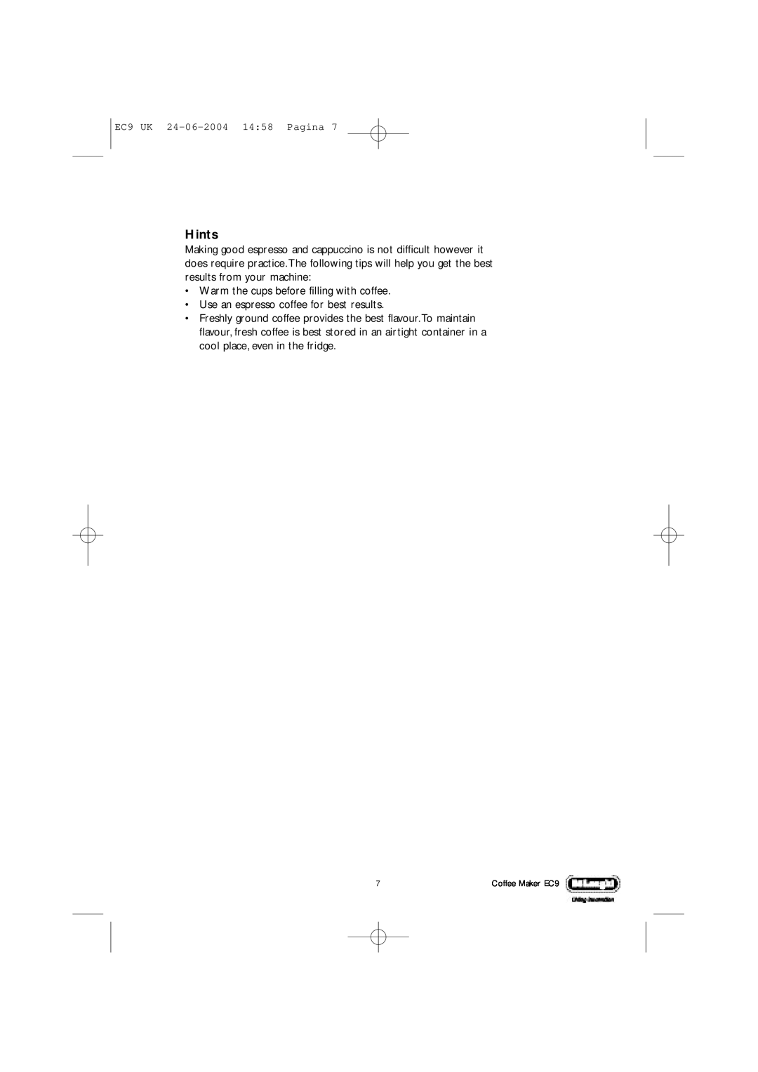 DeLonghi EC9 UK manual Hints 