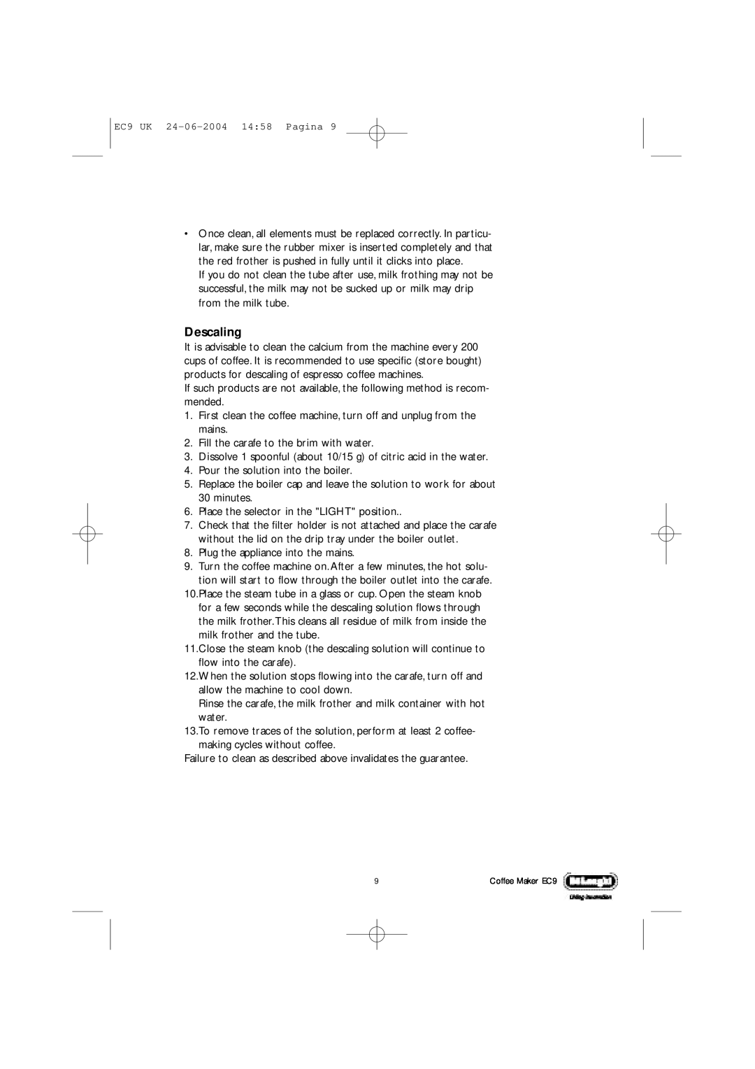 DeLonghi EC9 UK manual Descaling 
