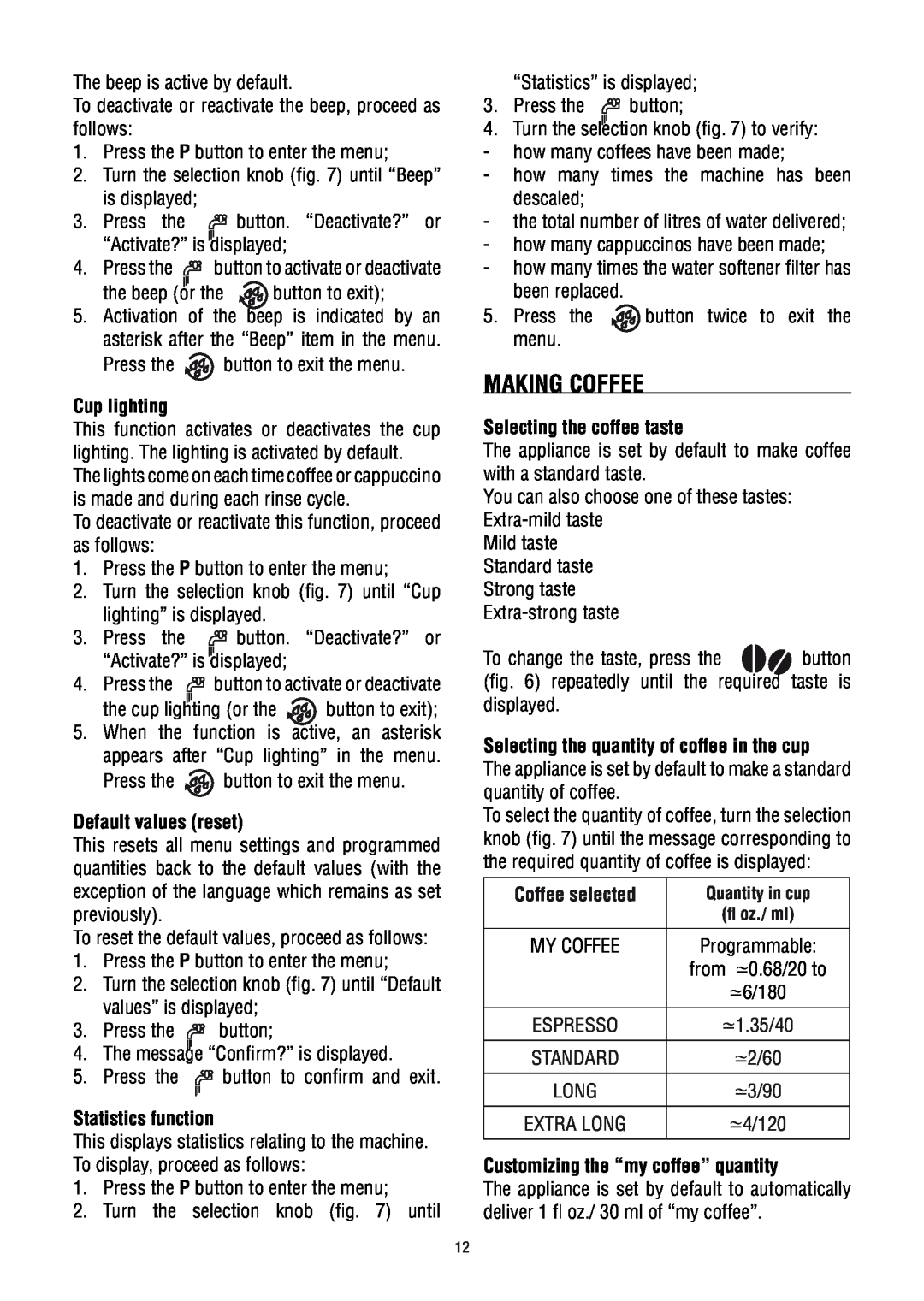 DeLonghi ECAM23450 SL Making Coffee, Cup lighting, Default values reset, Statistics function, Selecting the coffee taste 