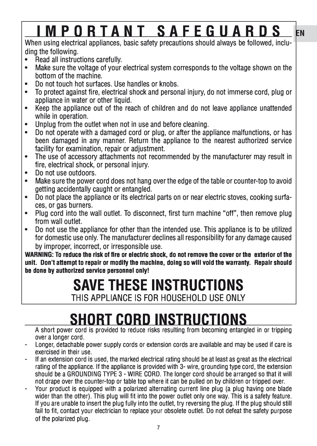 DeLonghi ECAM23450 SL manual Save These Instructions, short cord instructions, I M P O R T A N T S A F E G U A R D S En 