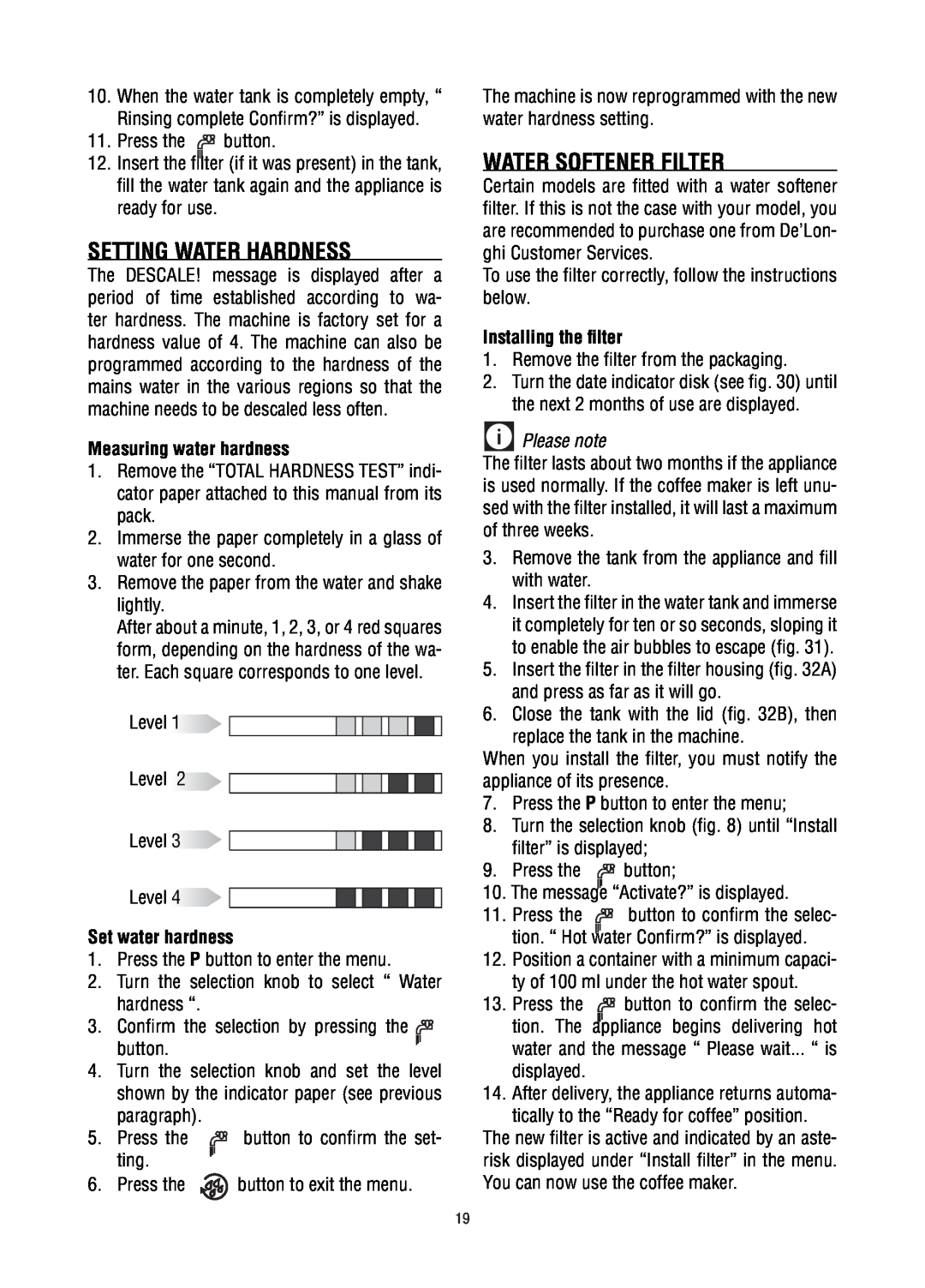 DeLonghi ECAM23.450 manual Setting Water Hardness, Water Softener Filter, Measuring water hardness, Set water hardness 