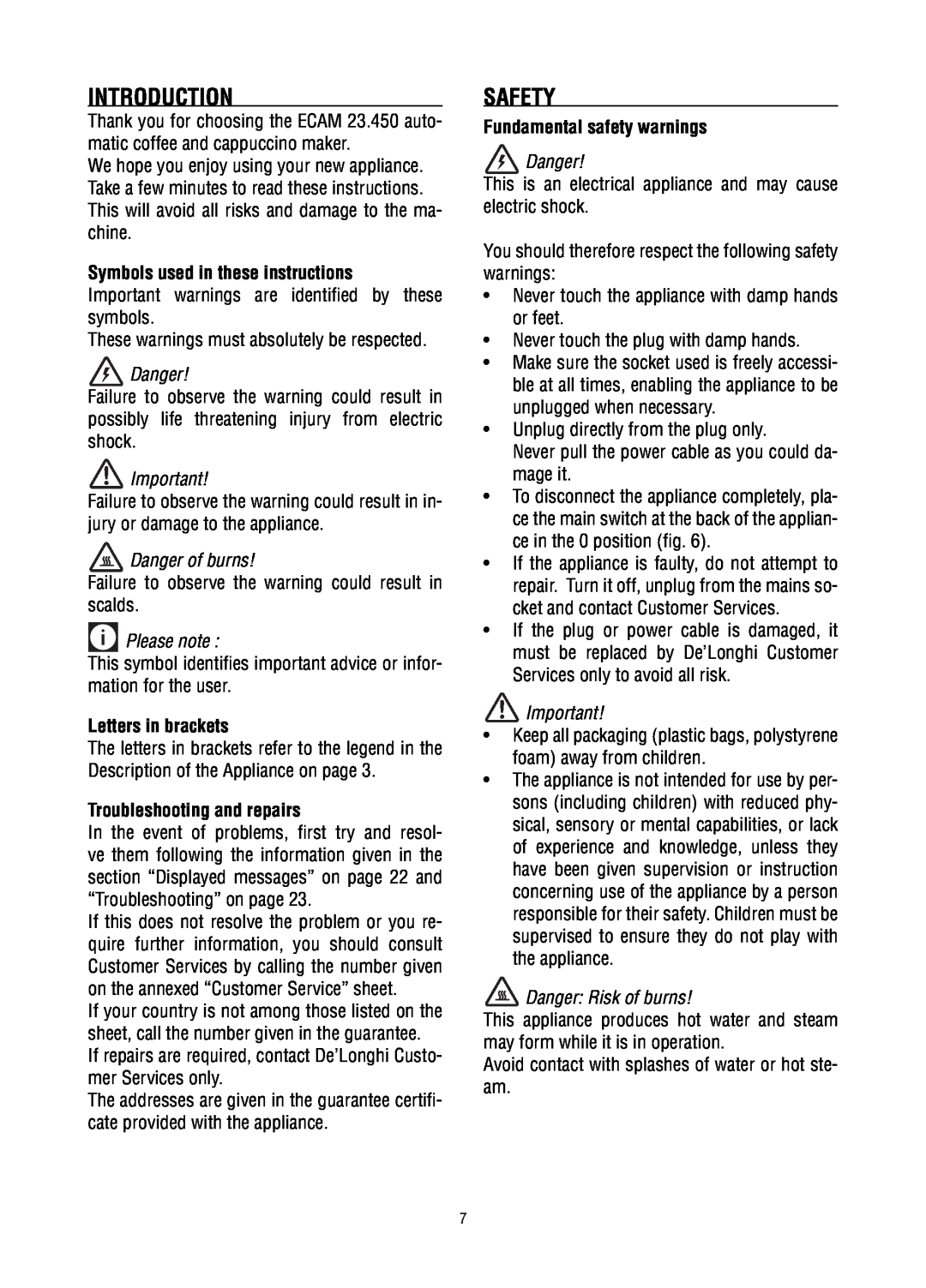 DeLonghi ECAM23.450 manual Introduction, Safety, Symbols used in these instructions, Letters in brackets 